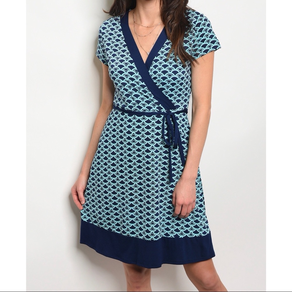 🆕🌸 Jade & Navy Blue Wrapped Front Print Dress